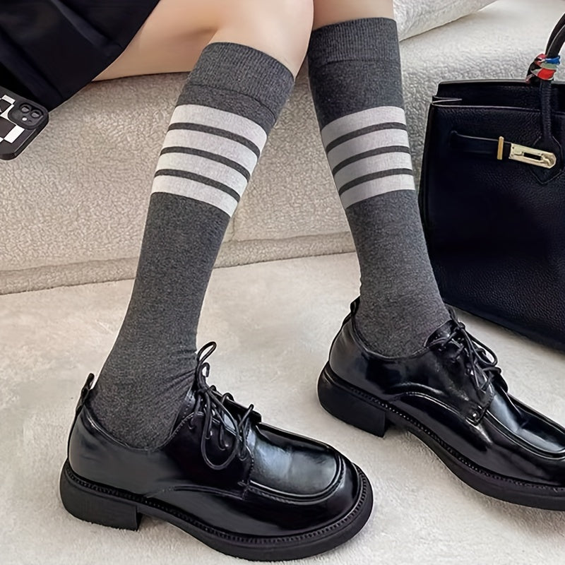 3 Pairs Striped Calf Knee High Socks Women's Stockings & Hosiery