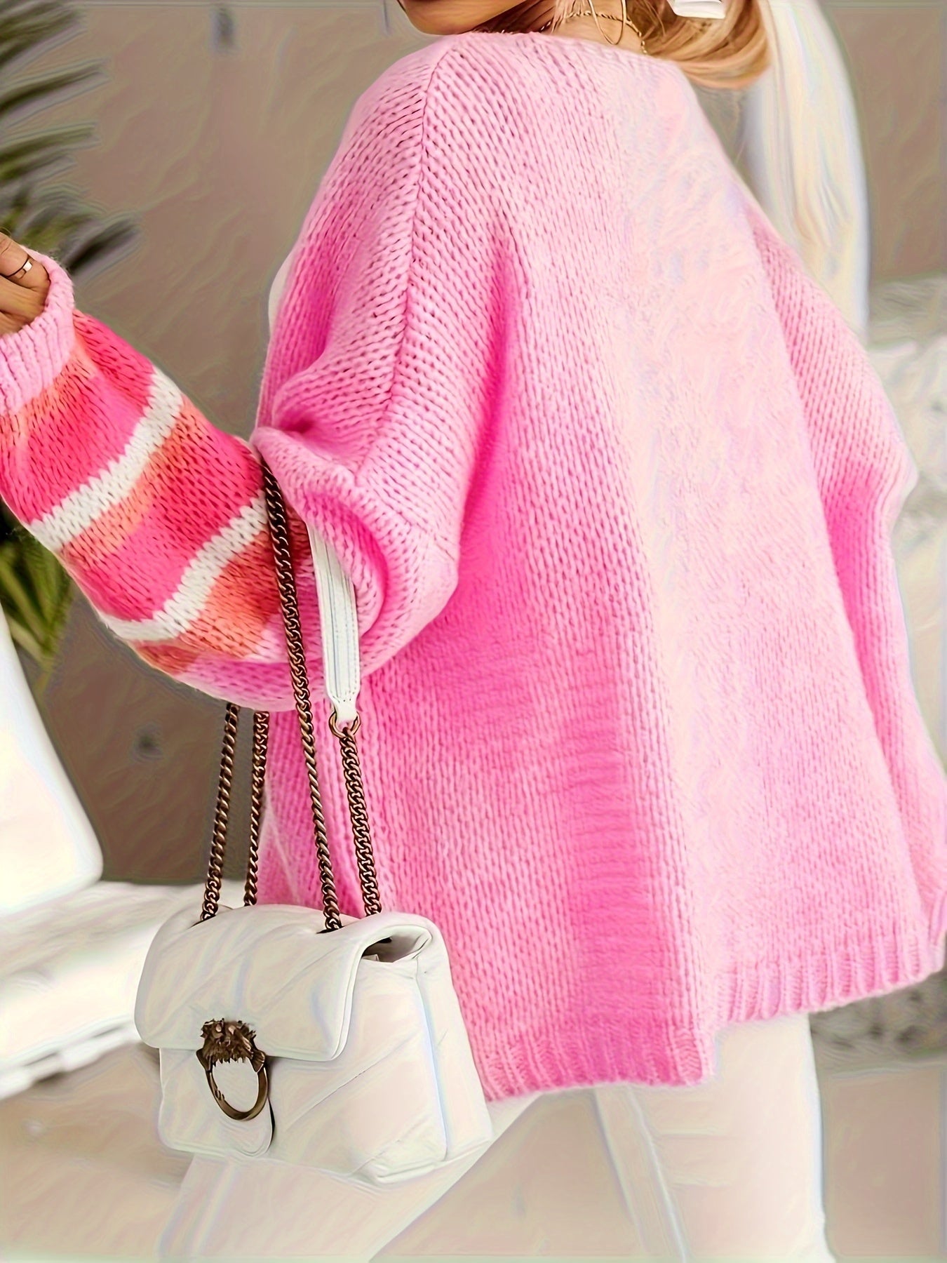  Colorblock Stripe Lantern Sleeve Cardigan