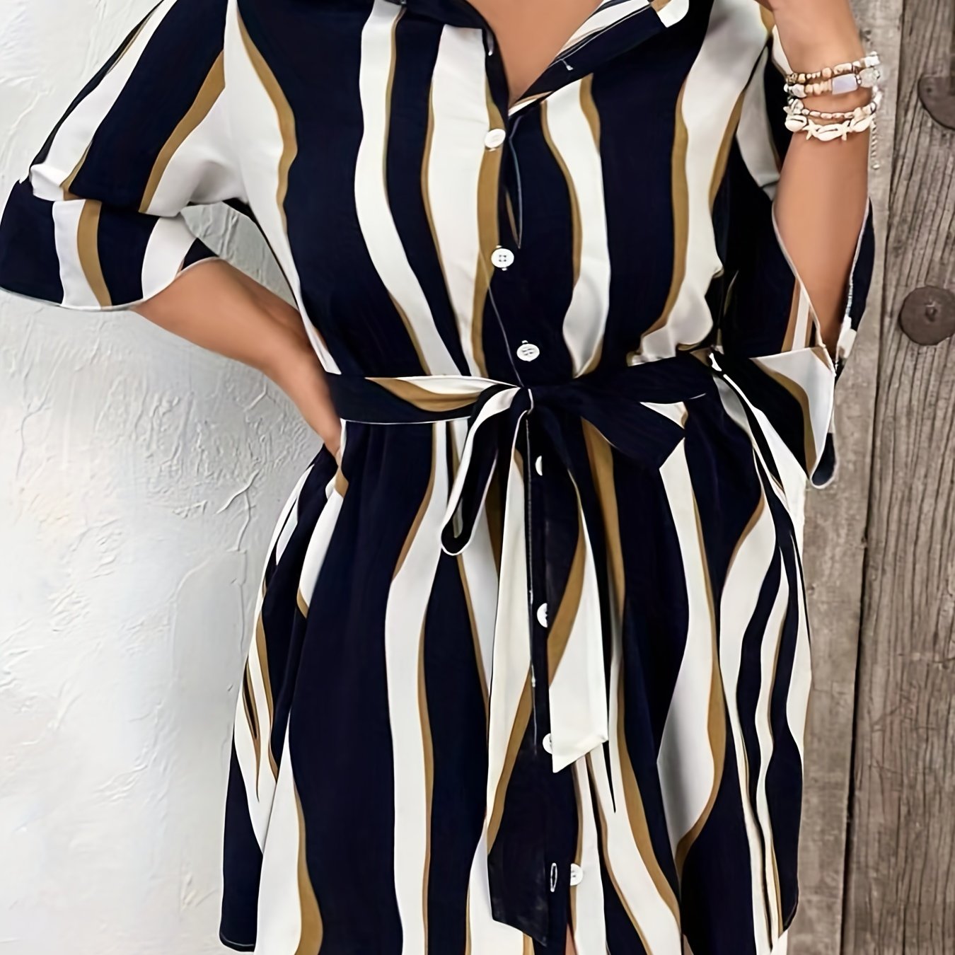  Colorblock Stripe Print Button Up Bell Sleeve Shirt Dress