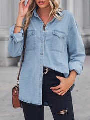 Oversized Flap Pockets Denim Jackets Long Sleeve Butt Cover Denim Coats
