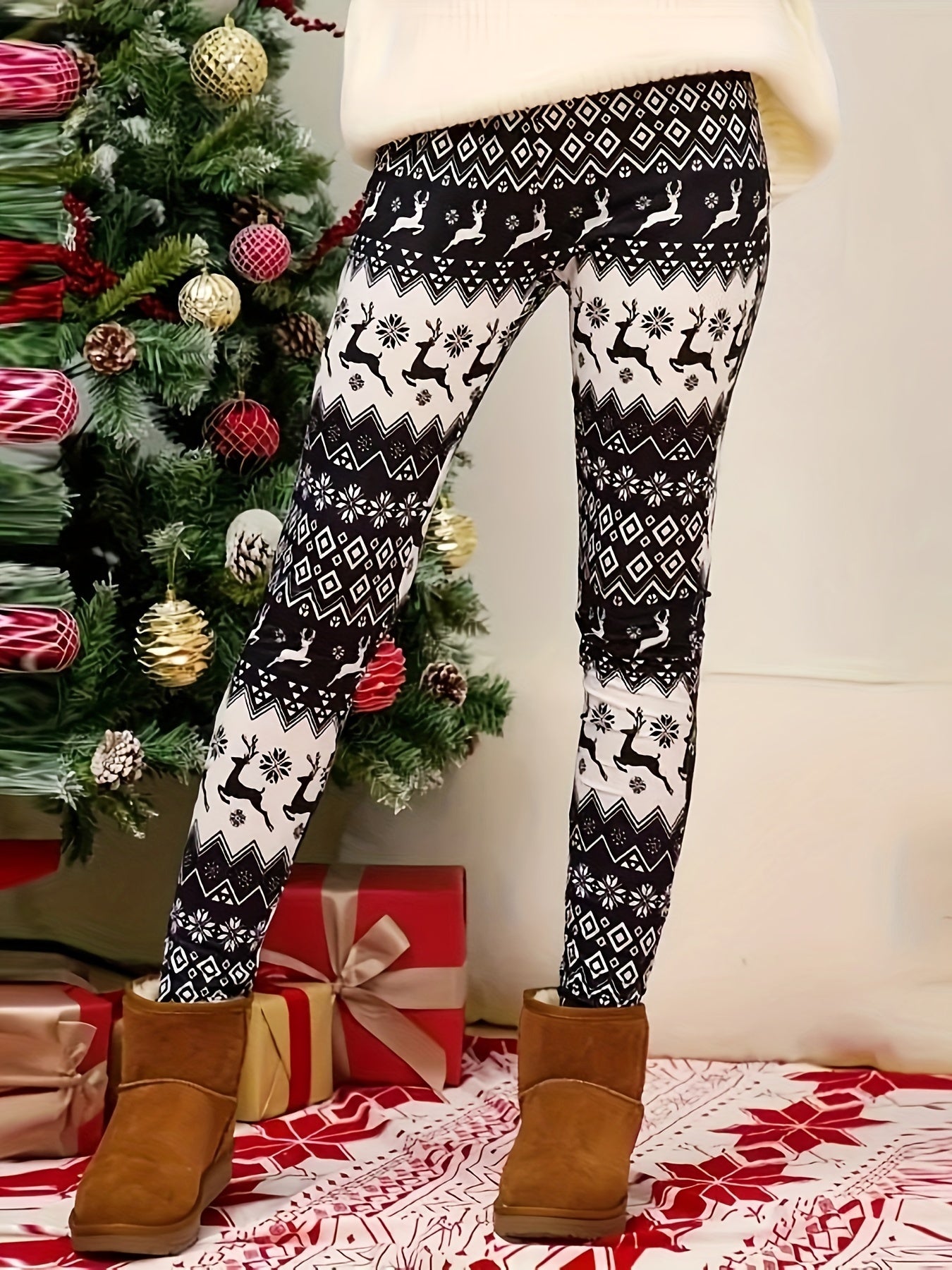  Christmas Casual Leggings Women's Plus Elk & Geo Print