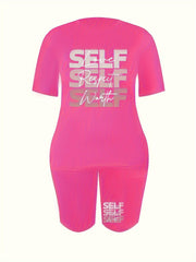  Art Letter Print Tee & Biker Shorts Pajamas Set