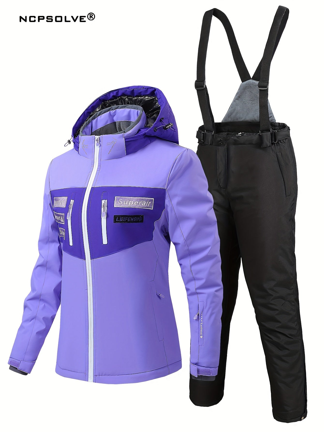 Letter Pattern Ski Set Zip Pocket Hooded Jacket & Suspender Trouser Suit