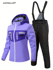 Letter Pattern Ski Set Zip Pocket Hooded Jacket & Suspender Trouser Suit