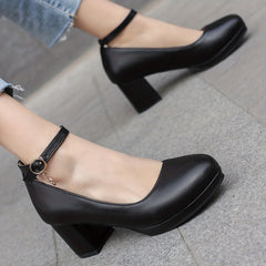 Women's Mid Chunky Heels Comfortable Closed Toe Buckle Strap Shoes