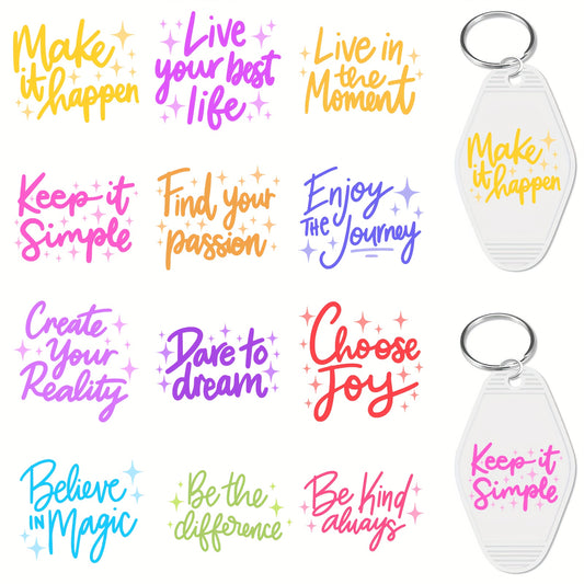 60pcs UV DTF Keychain Stickers Motivational Quotes Vinyl Tags for Crafts & Hotel