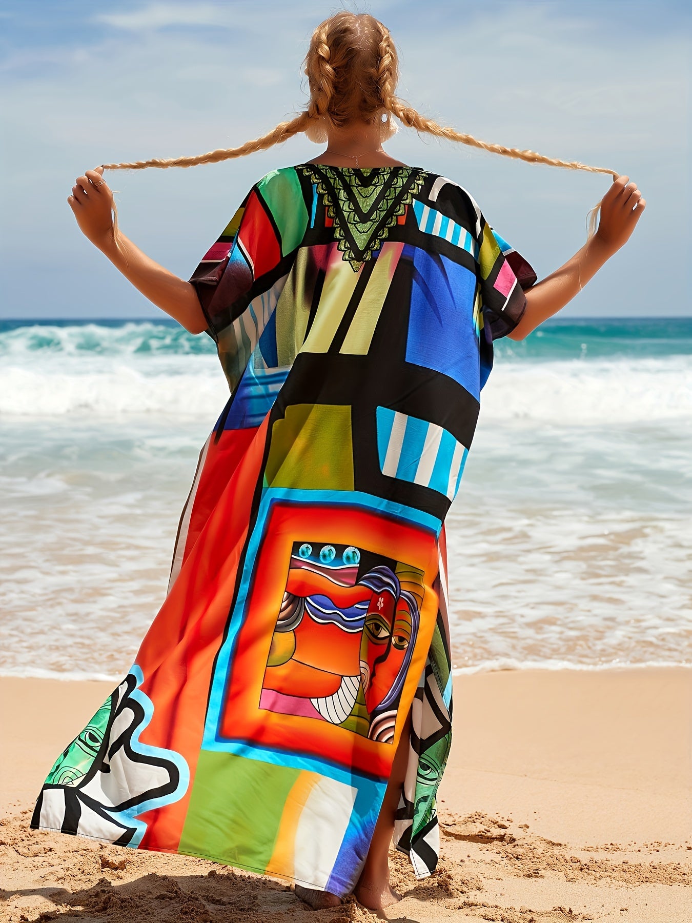  Abstract Print V Neck Cover Up