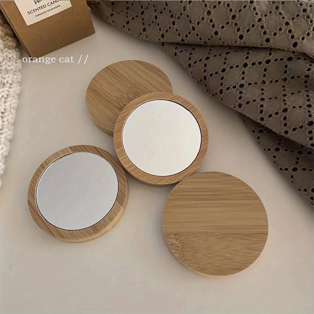 Portable Compact Round Wooden Mirror for Beauty Touch-ups