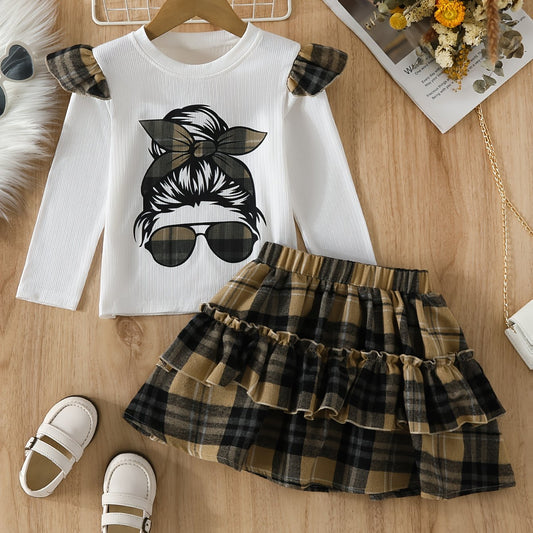 Girl's Plaid Anime Sunglasses Print Long Sleeve Top & Ruffle Skirt Set