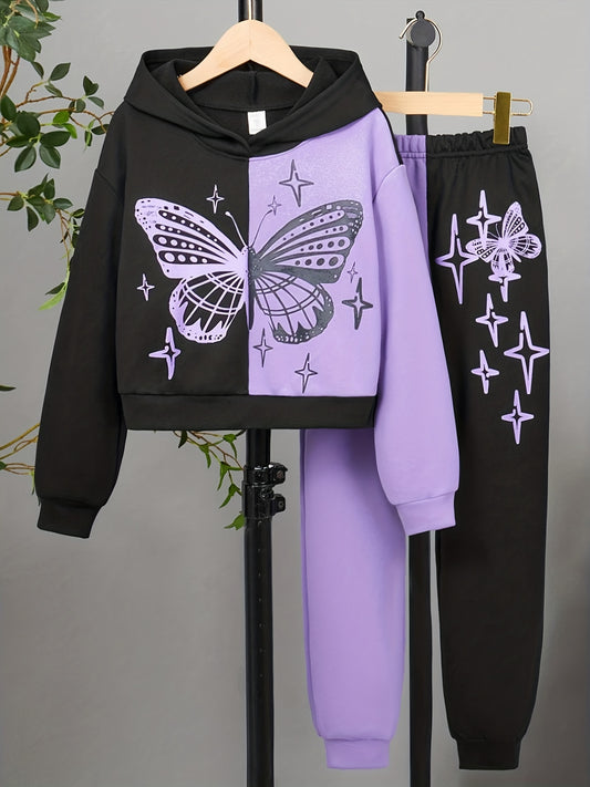 Glitter Butterfly Print Girl's 2pcs Hoodie & Sweatpants Set