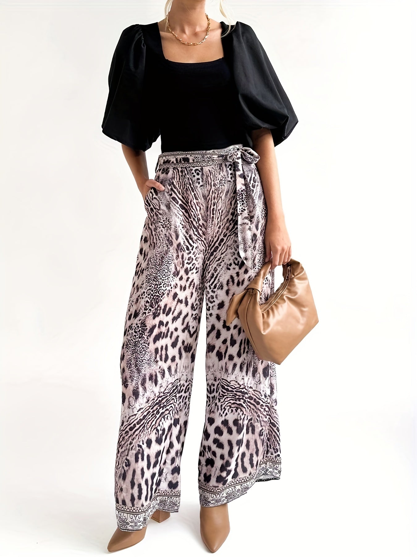  Leopard Print Wide Leg Trousers