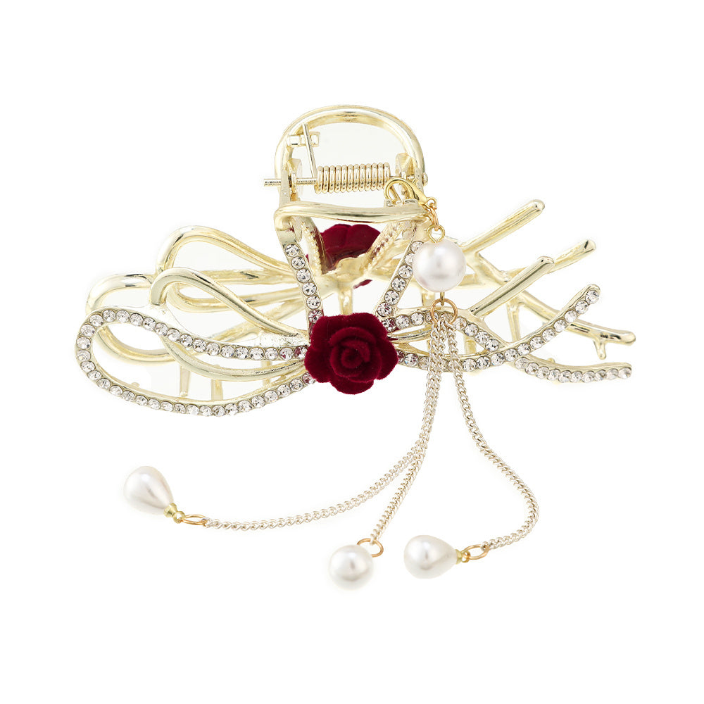 Red Rose Rhinestone Hair Claw Clip with Pearls and Tassel