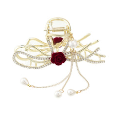 Red Rose Rhinestone Hair Claw Clip with Pearls and Tassel