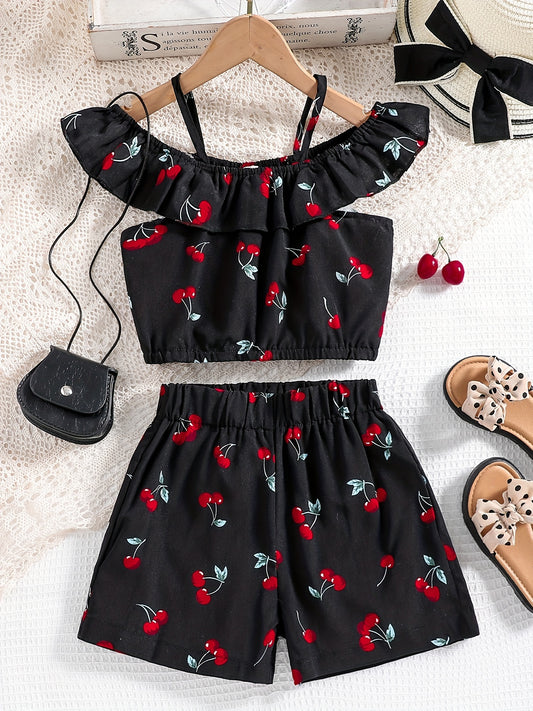 Girls Cherry Print Off Shoulder Camisoles & Elastic Waist Shorts Set