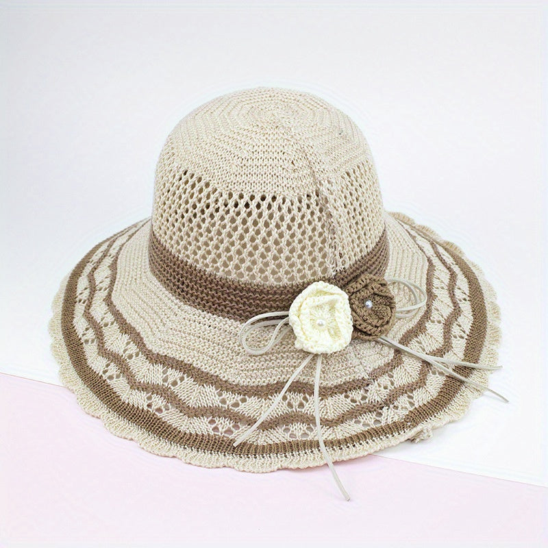 Knitted Bucket Hat Hollow Breathable Sunscreen Beach Hats Wide Brim