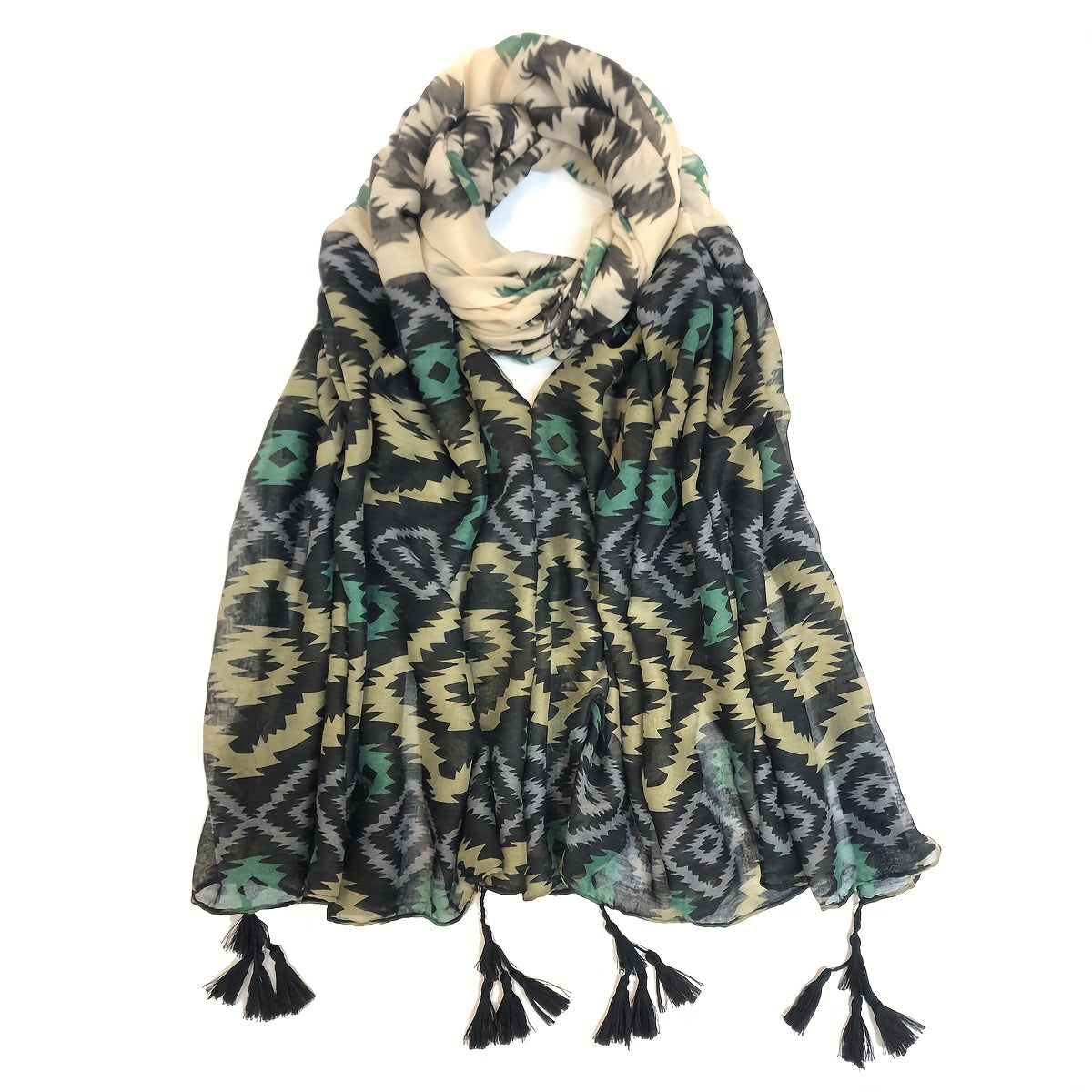 Vintage Geometric Print Scarf Boho Block Tassel Shawl Casual Windproof Head Wrap