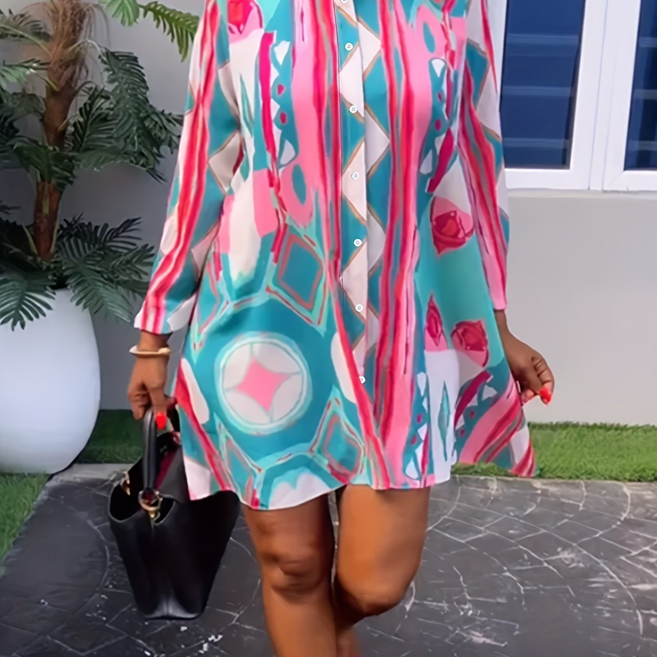  Casual Dress Women's Plus Allover Print Lantern Sleeve Button Up