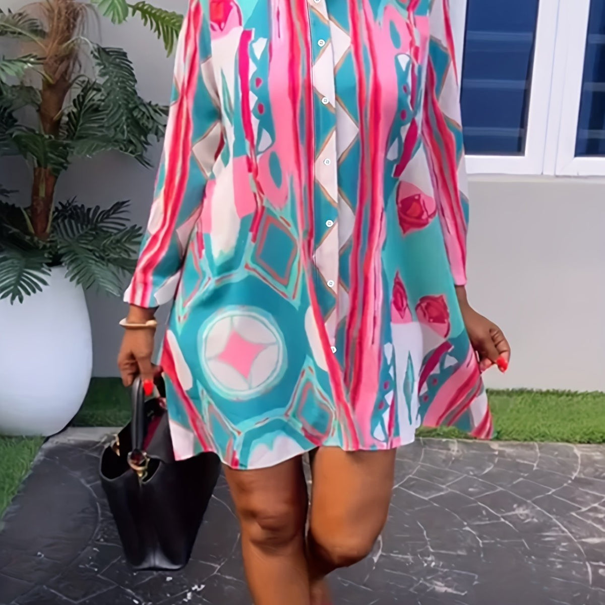  Casual Dress Women's Plus Allover Print Lantern Sleeve Button Up