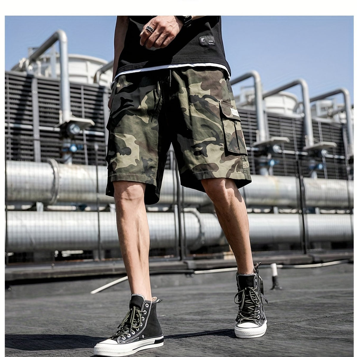 Camouflage Pattern Cargo Shorts Men's Casual Pocket Waist Drawstring Shorts