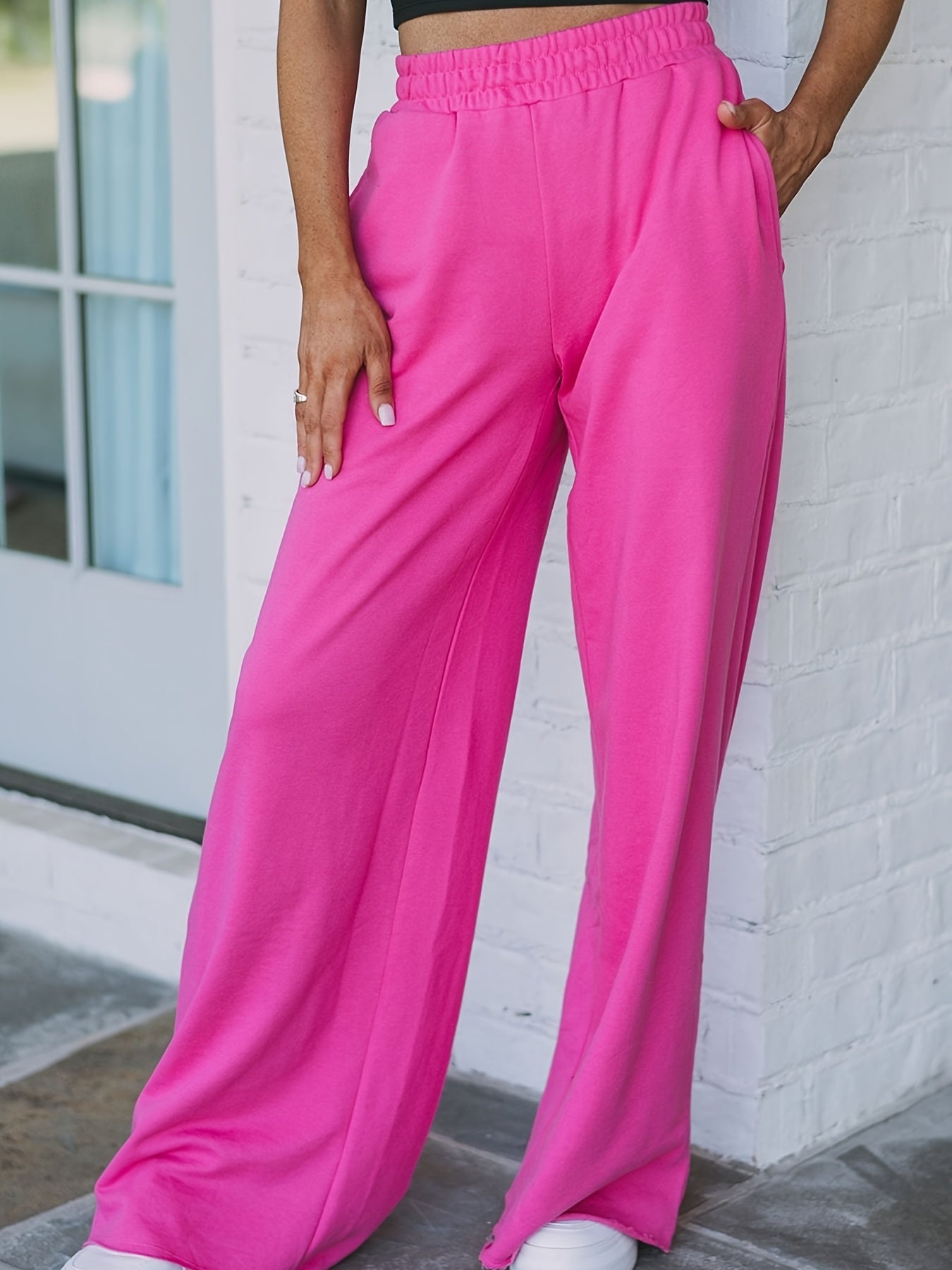  Solid Elastic High Rise Wide Leg Trousers