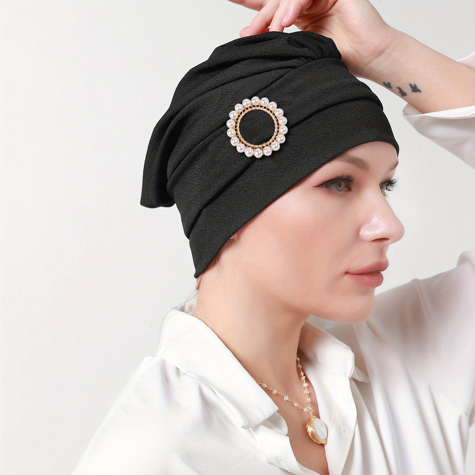 Faux Pearl Decor Turban Caps Solid Hijab Head Scarf Elastic Bonnet Headband