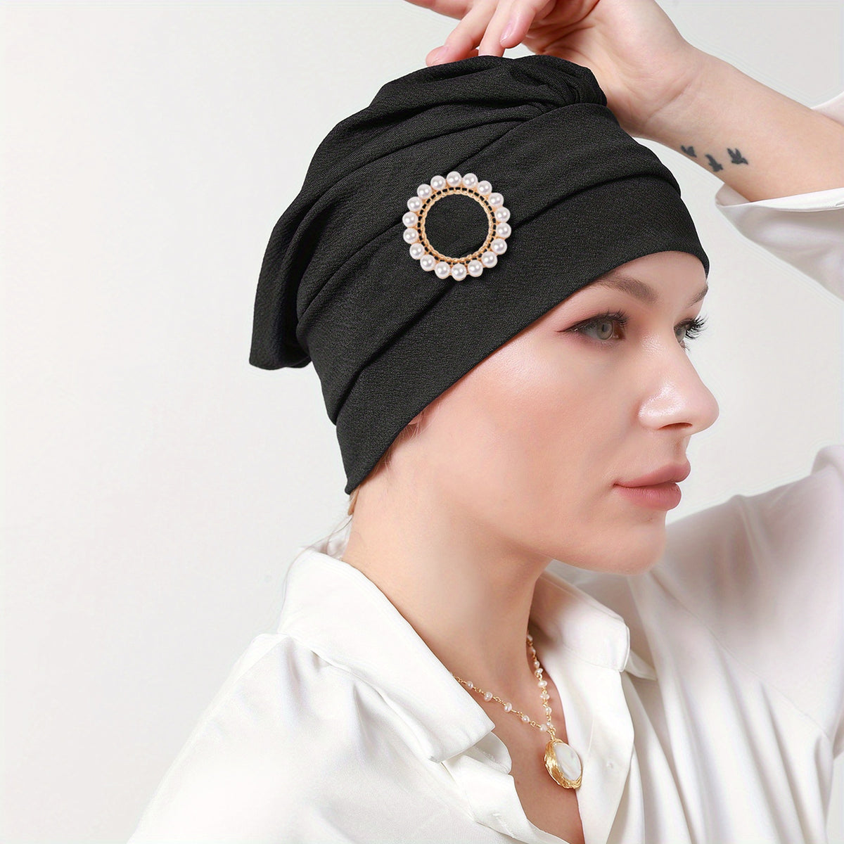Faux Pearl Decor Turban Caps Solid Hijab Head Scarf Elastic Bonnet Headband