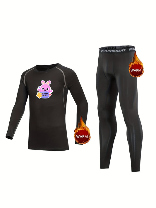 Kids Fleece Lined Compression Base Set Rabbit Print Long Sleeve Bottoming