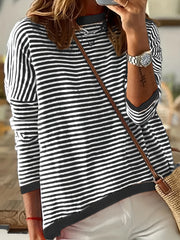 Striped Print Knit Sweater Crew Neck Drop Shoulder Sweater