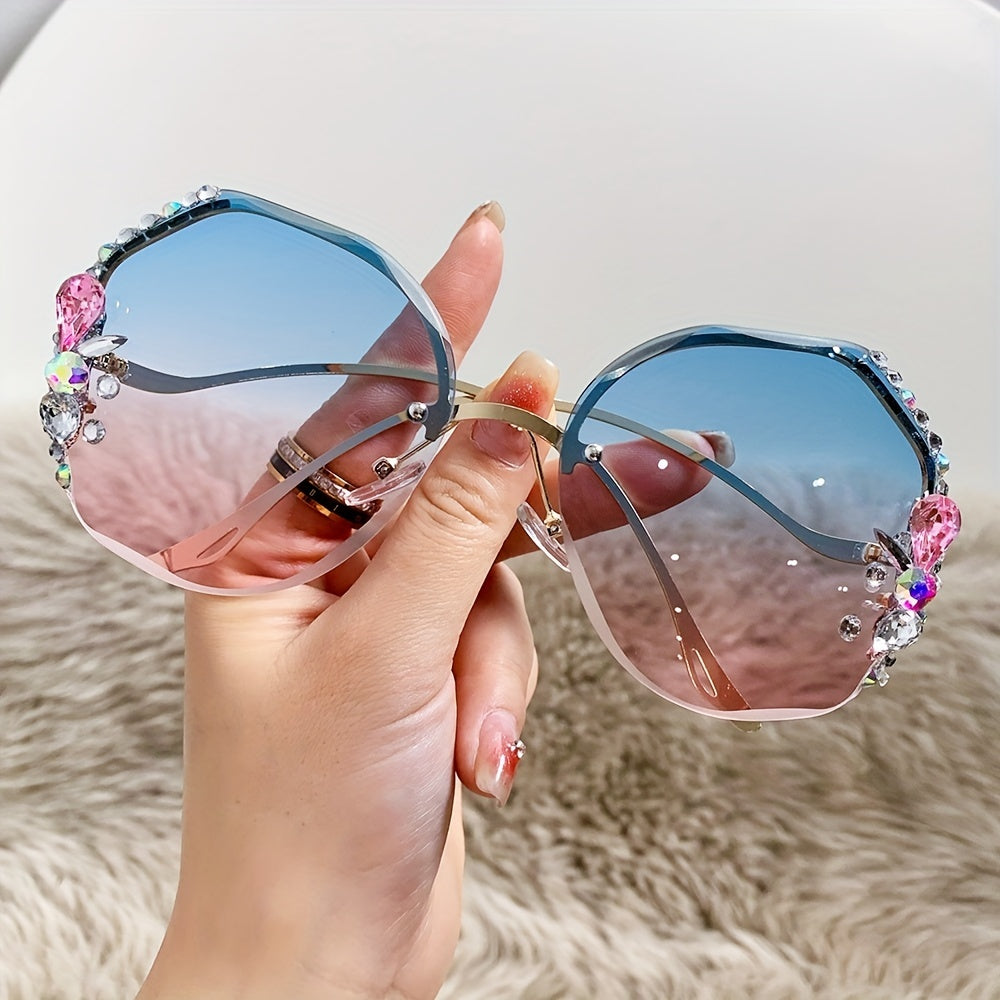 Y2K Half Rim Round Sunglasses Rhinestone Decor Eyeglasses Women