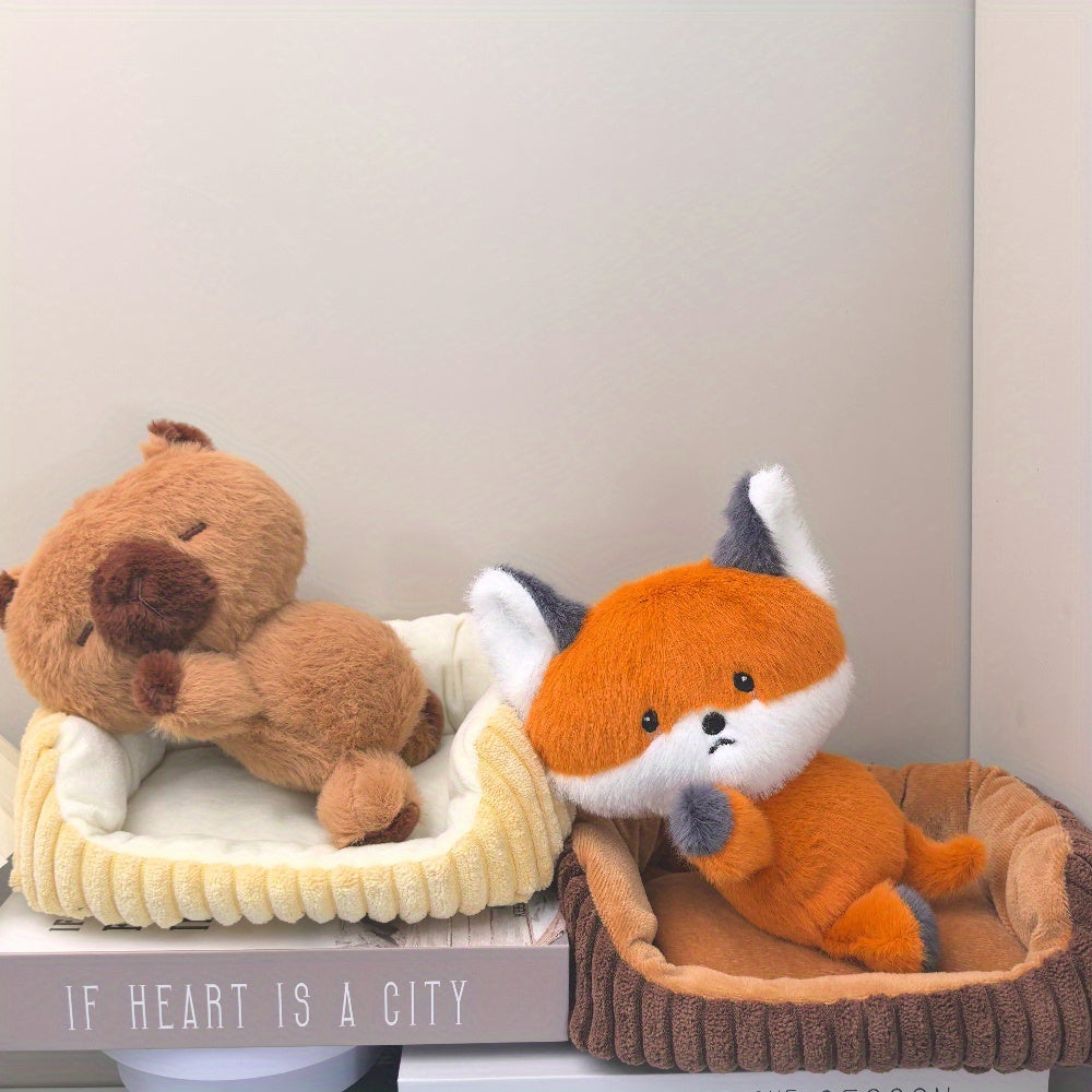 Plush Capybara Terrier & Cat Fox Dolls Set with Brain Bag