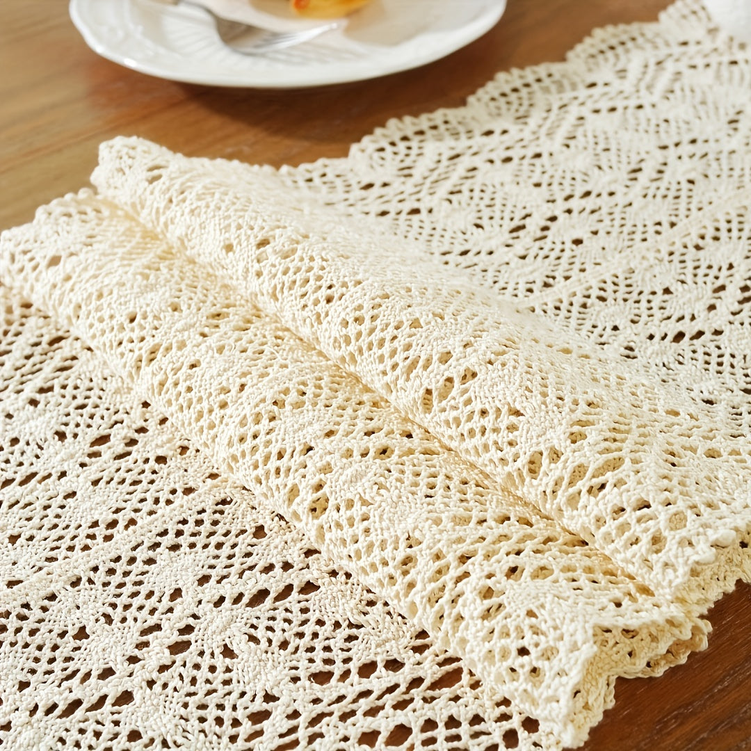American Crochet Lace Table Runner Beige Cover
