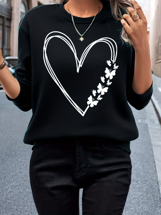 Heart Print Crew Neck Sweatshirt for Women