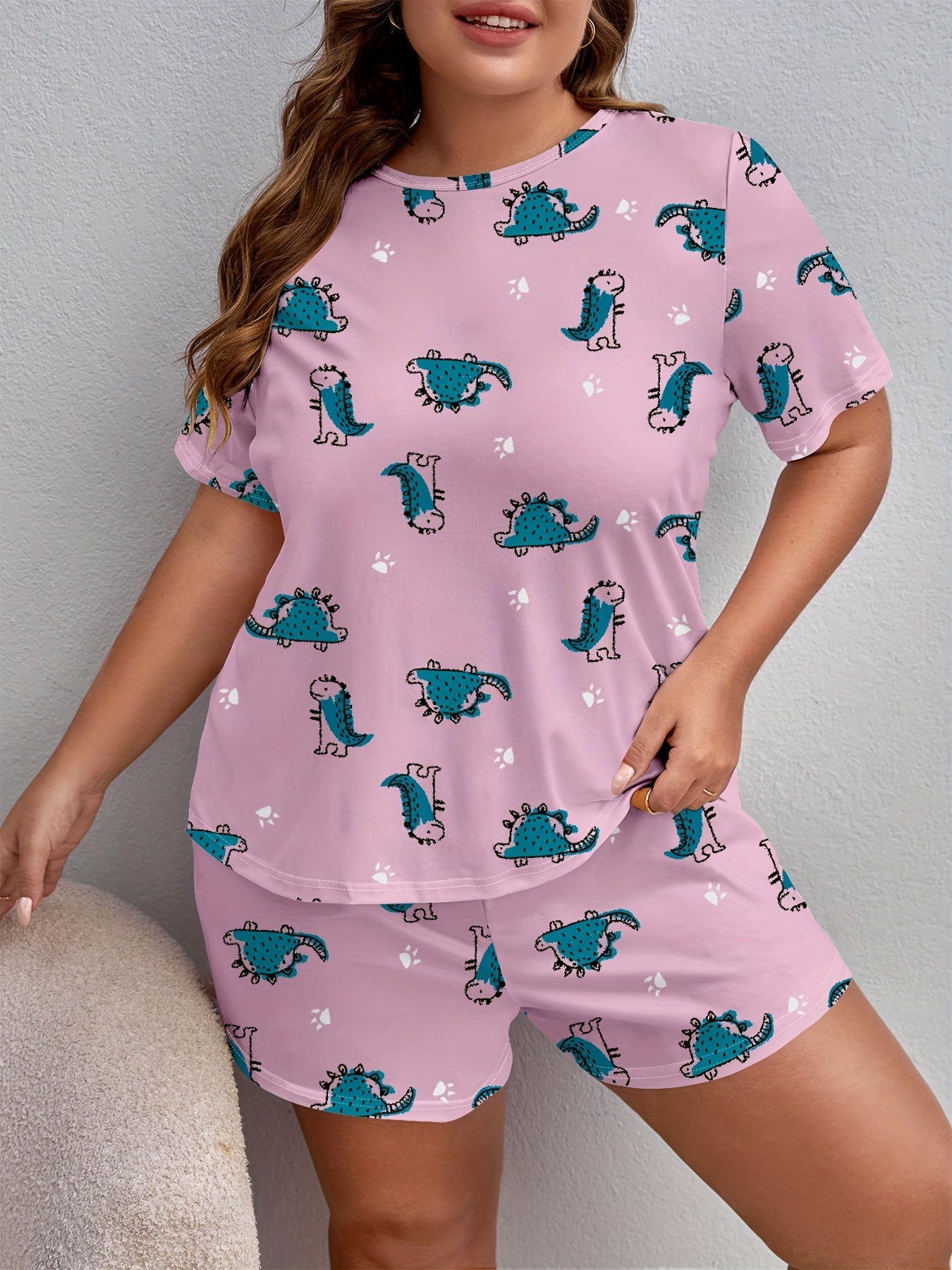  Dino & Dog Paw Print Tee & Shorts Lounge Set