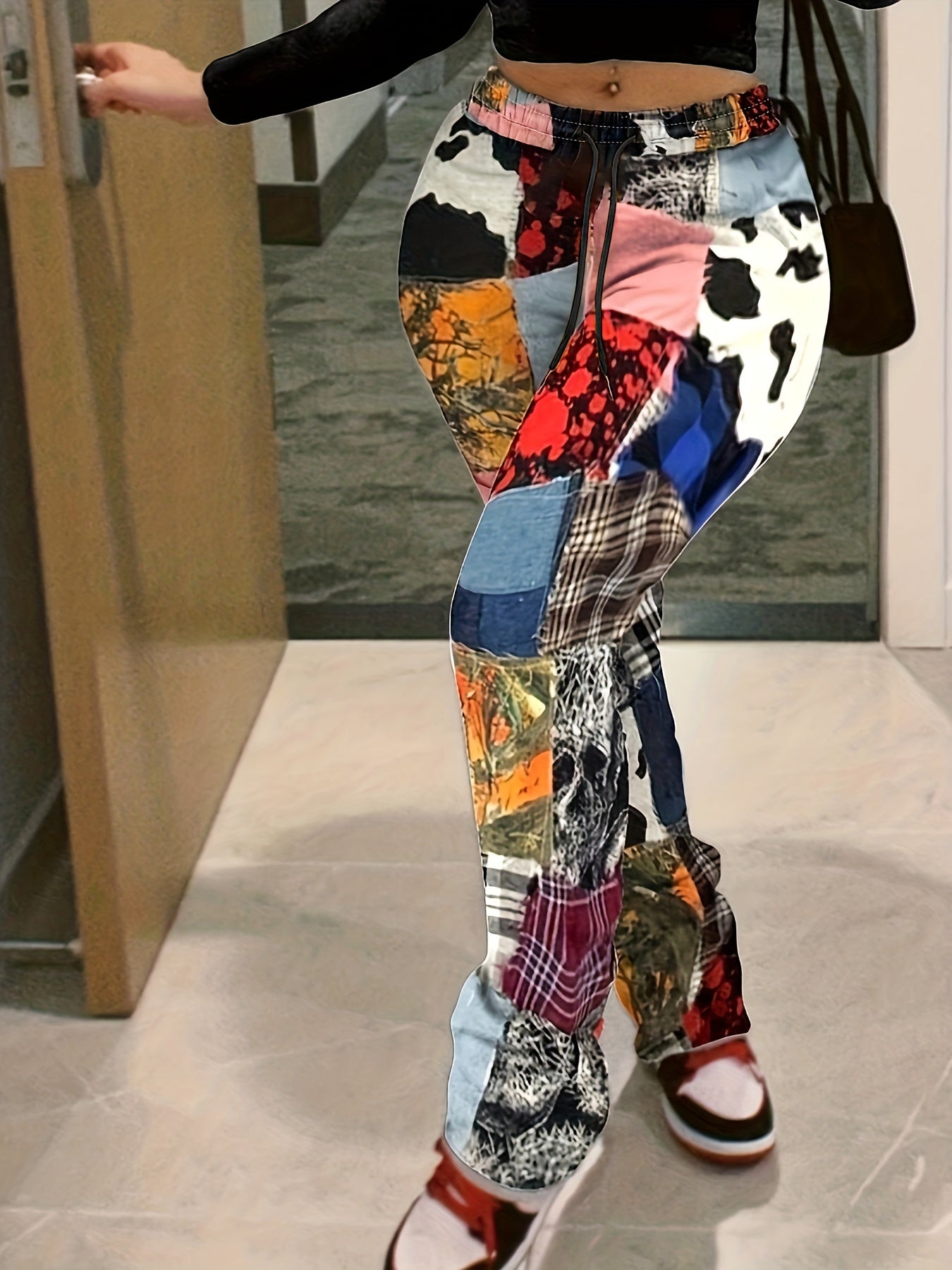  Patchwork Print Elastic Drawstring High Rise Pants