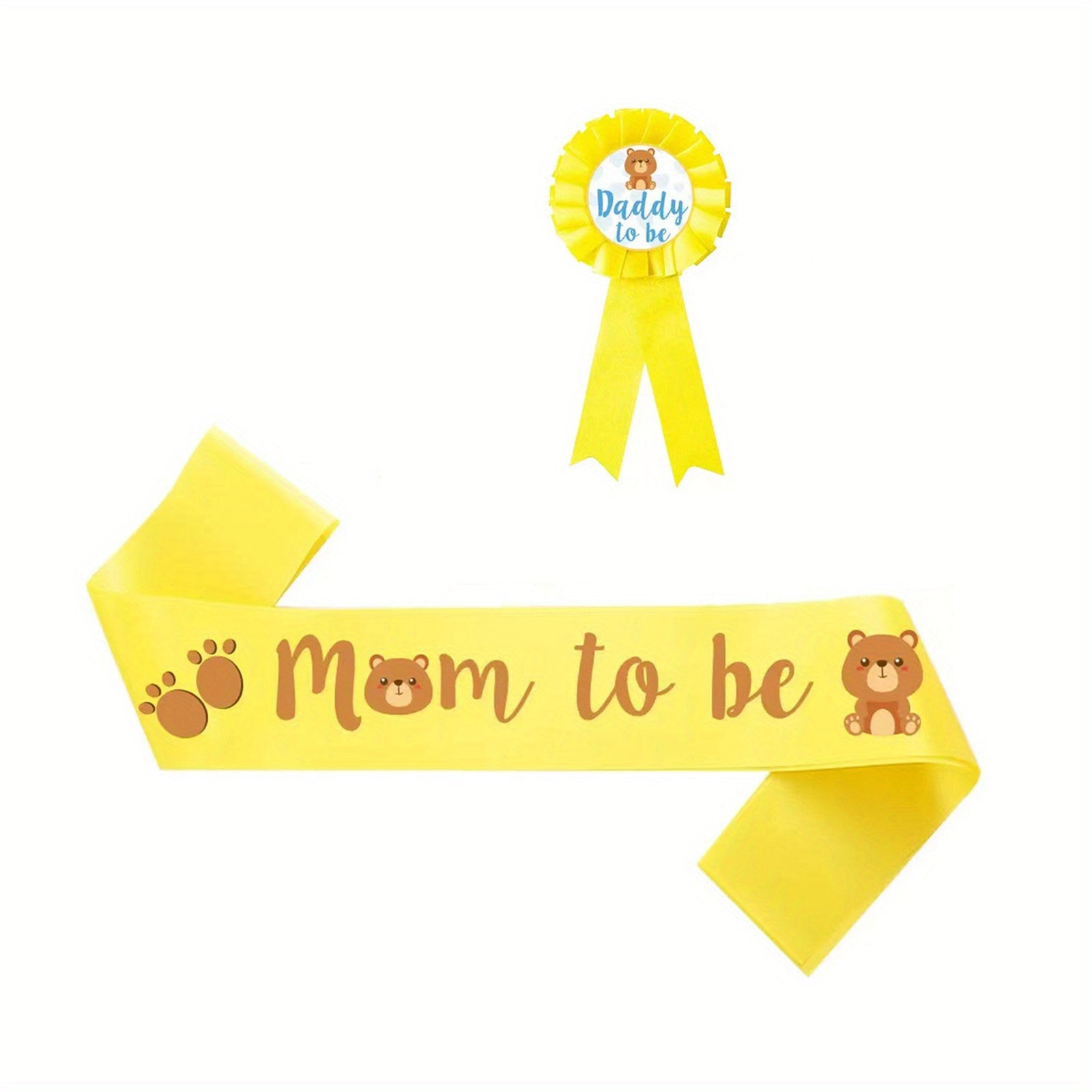2 Yellow Mommy To Be Sash & Daddy To Be Pin Baby Shower Party