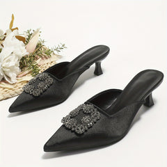 Womens Satin Kitten Heels Rhinestone Slingback