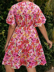  Allover Print Cap Sleeve V Neck Midi Dress