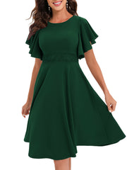 Ruffle Sleeve Slim Dress Zip Back Crew Neck