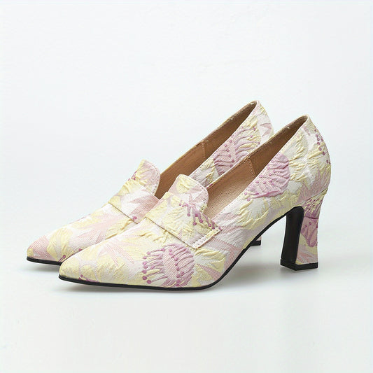 Women's Floral Embossed High Heels Pointed Toe Slip On Soft Sole Chunky Heels