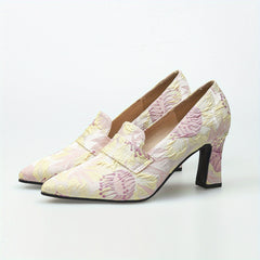 Women's Floral Embossed High Heels Pointed Toe Slip On Soft Sole Chunky Heels
