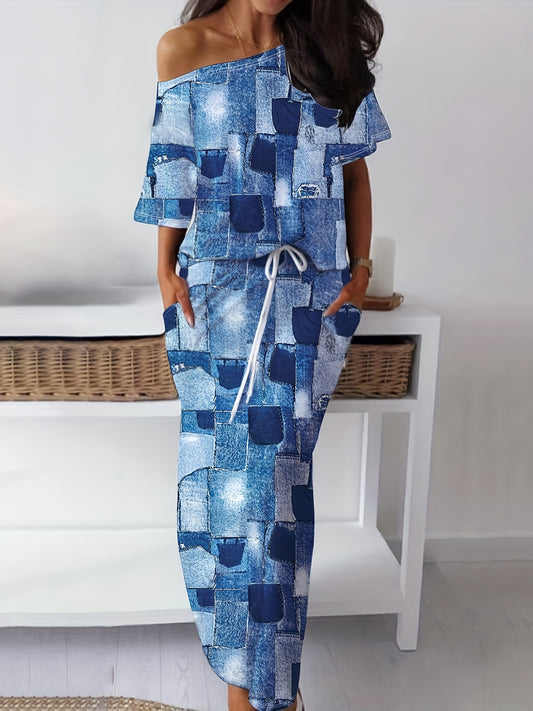 Patchwork Casual Set Off Shoulder Tee & Split Drawstring