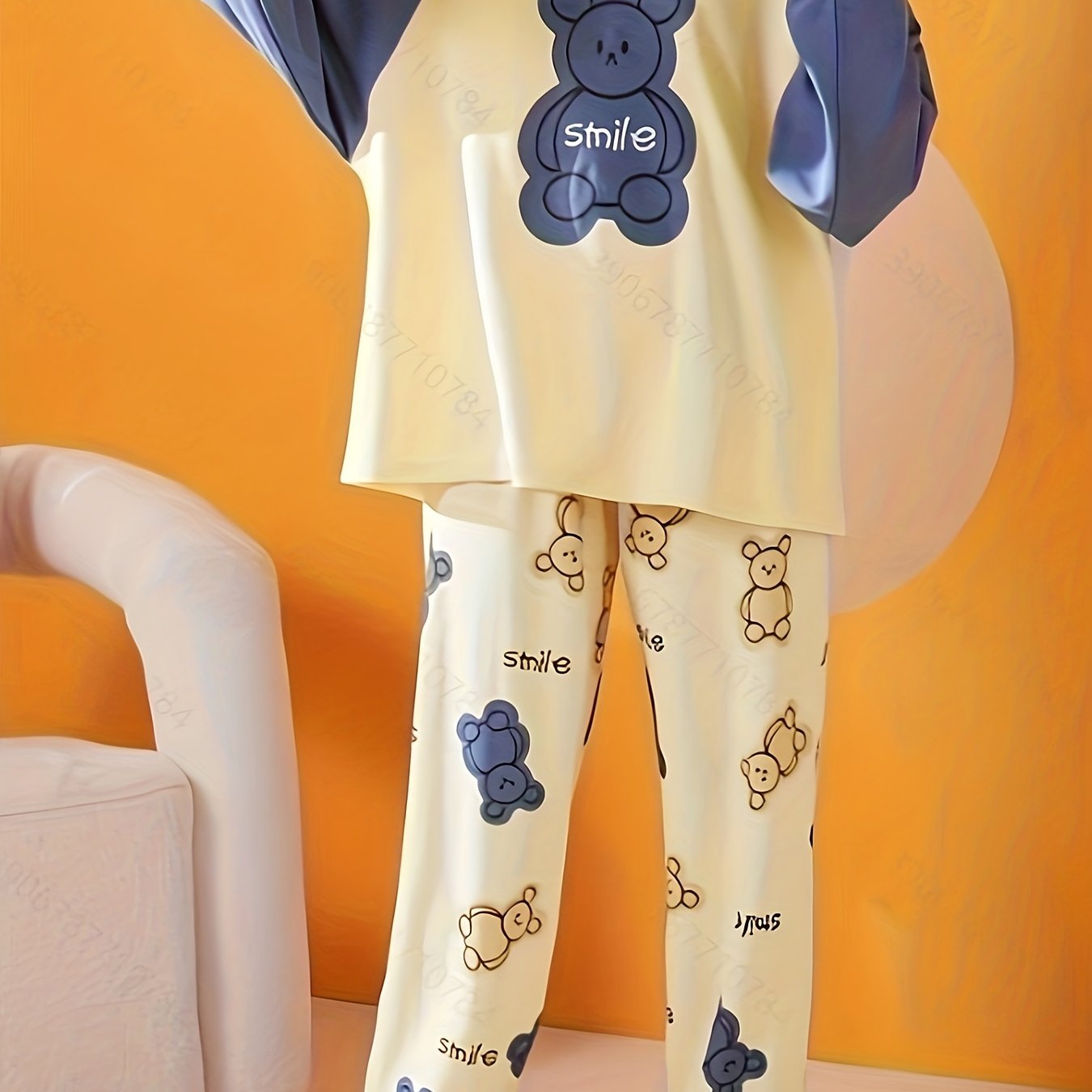 Bear Print Pajama Set Long Sleeve Top & Pants Women's Sleepwear
