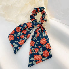 Floral Bowknot Hair Scarf Scrunchies Elastic Hair Tie Ponytail Holder