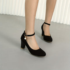 Women's Chunky High Heels with Faux Pearls