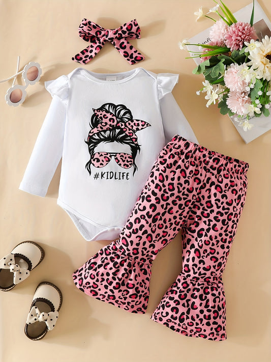 Baby Girl Cartoon Print Romper & Leopard Print Flared Set