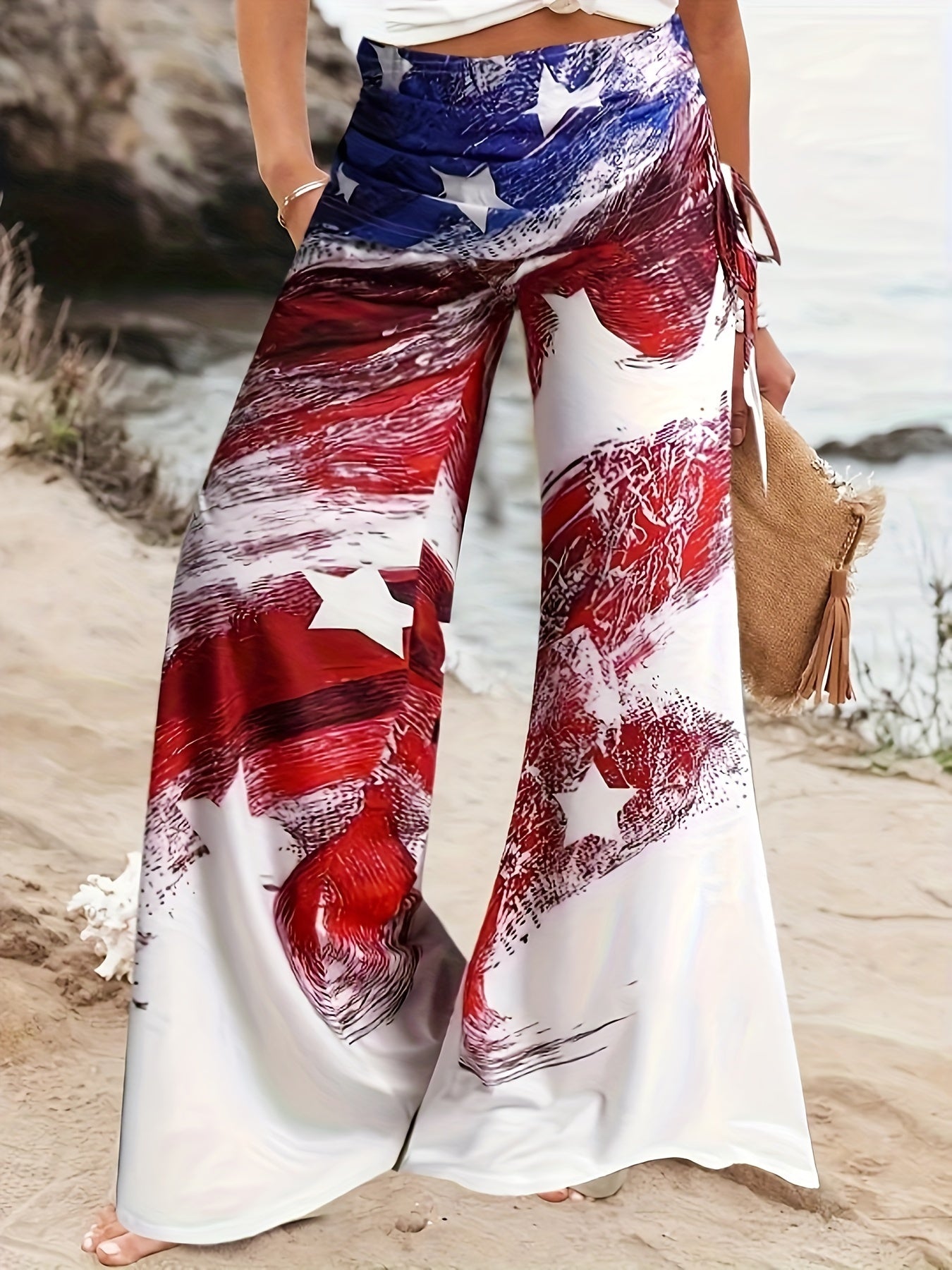  Independence Casual Pants Women's Plus Flag Print Loose Flared Leg