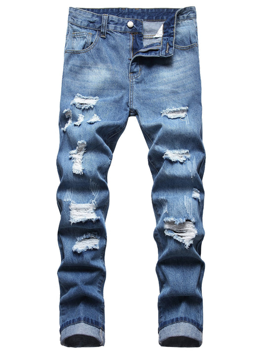 Retro Style Ripped Jeans Men's Casual Distressed Denim Pants