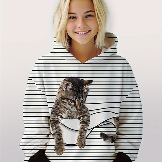 Girls Boys Cat Graphic Long Sleeve Hoodies Pullover Spring Fall
