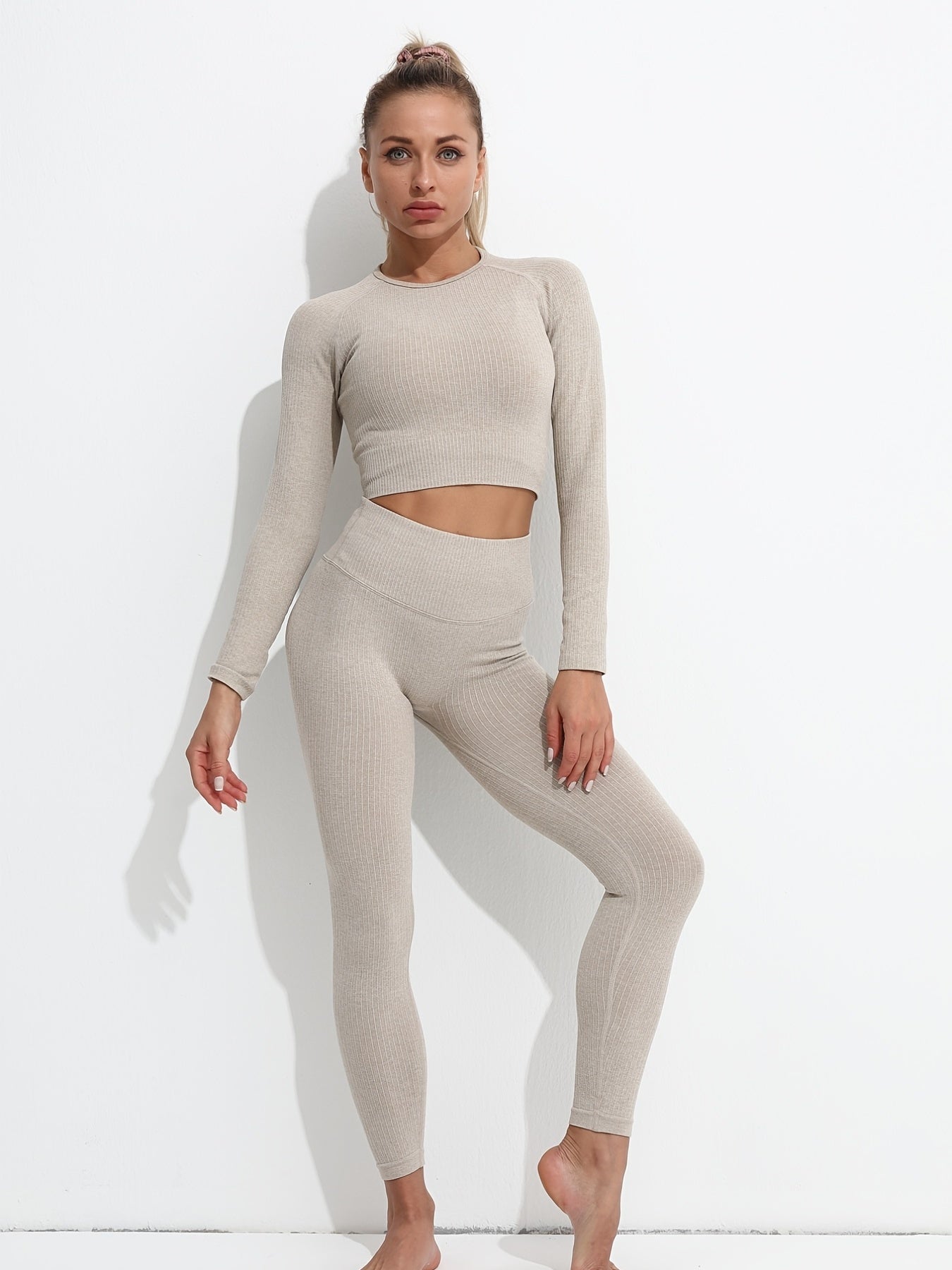 2pcs Long Sleeve Yoga Crop Top & High Waist Leggings Set