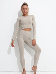 2pcs Long Sleeve Yoga Crop Top & High Waist Leggings Set